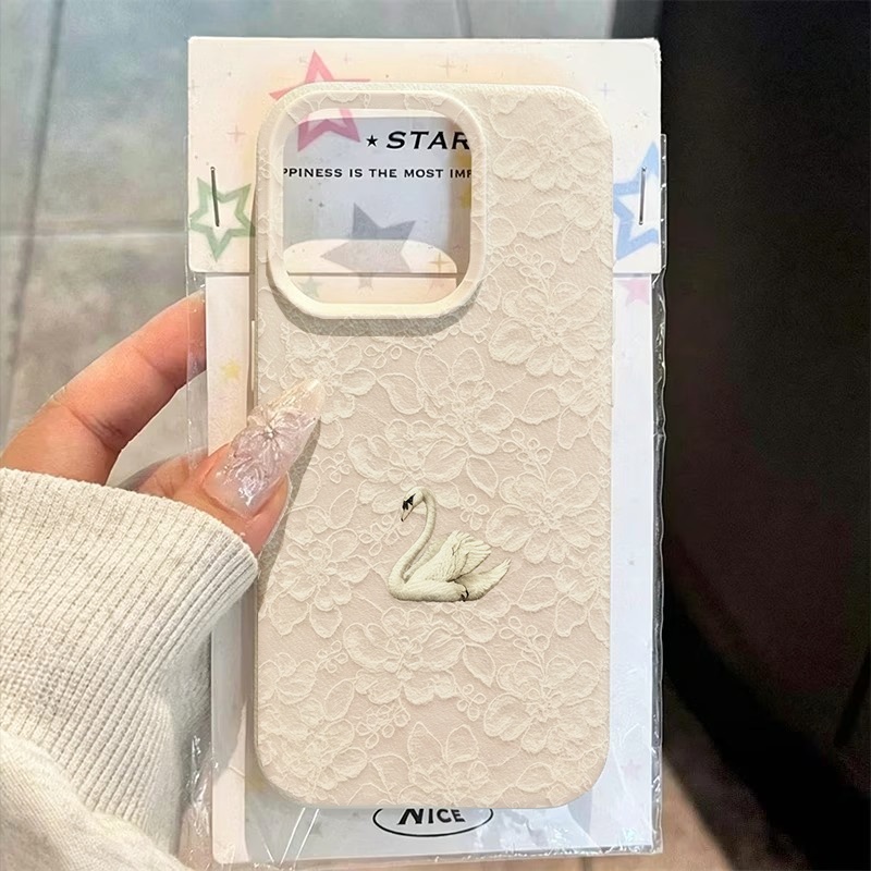Lace Swan Pattern Lychee Textu - Phone Cases For Iphone 15 ulasan dan harga